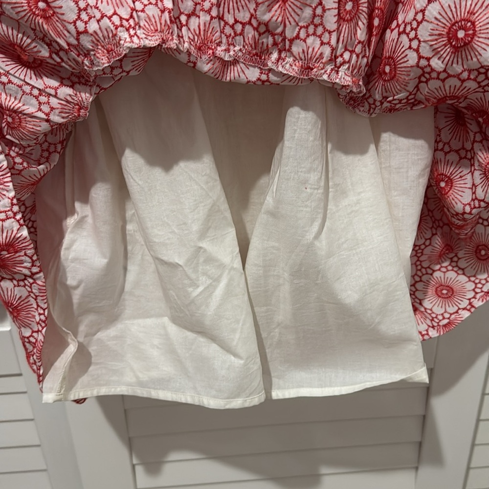 AnnTaylor floral midi dress, belted, floral embroidery, red and white, size SP - Picture 6 of 8